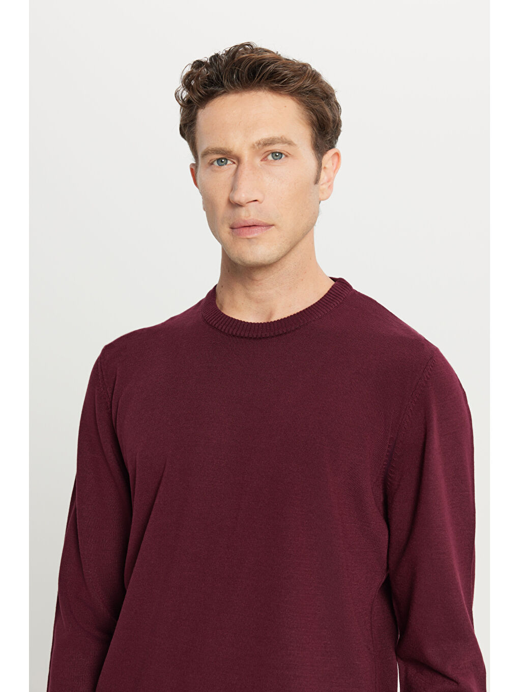 Erkek Bordo Anti-Pilling Tüylenme Yapmayan Standart Fit Normal Kesim Bisiklet Yaka Triko Kazak-3