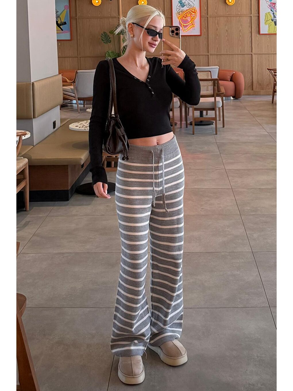 Gri Çizgili Kadın Triko Pantolon Mg2342-6