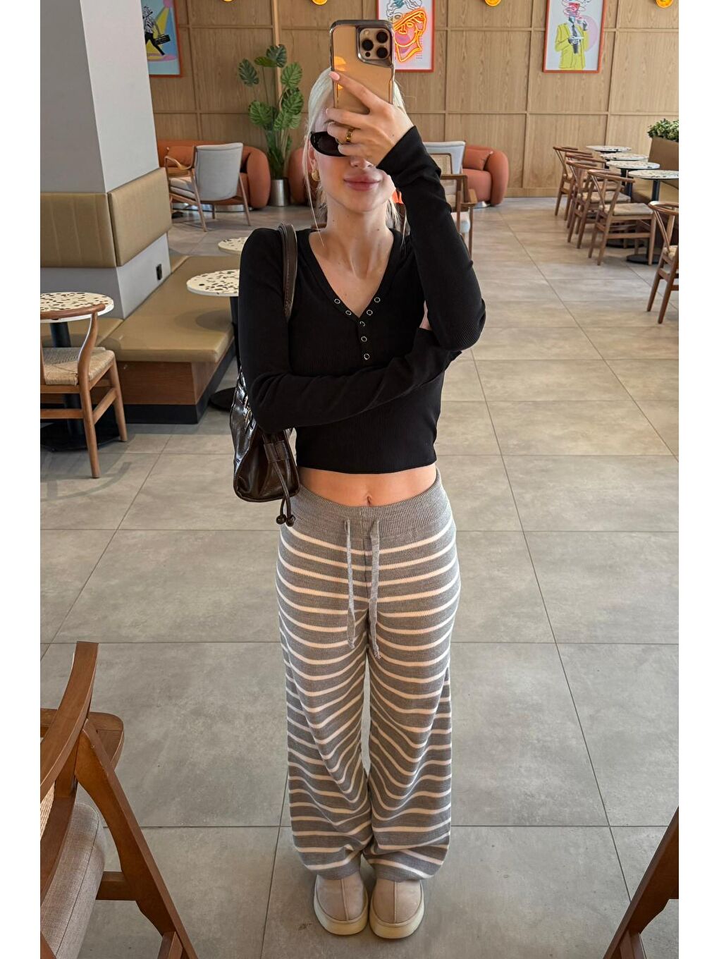 Gri Çizgili Kadın Triko Pantolon Mg2342-7