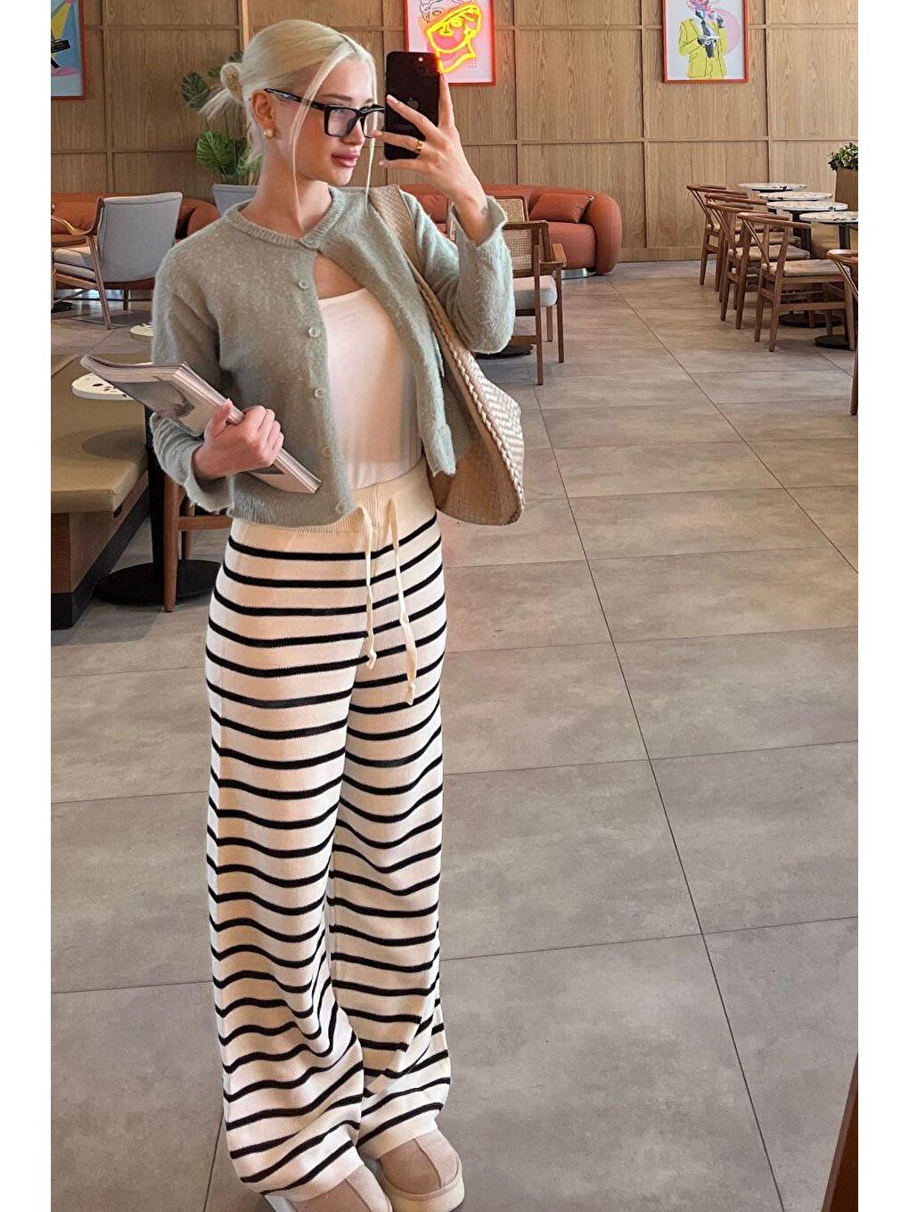 Ekru Çizgili Kadın Triko Pantolon Mg2342-1