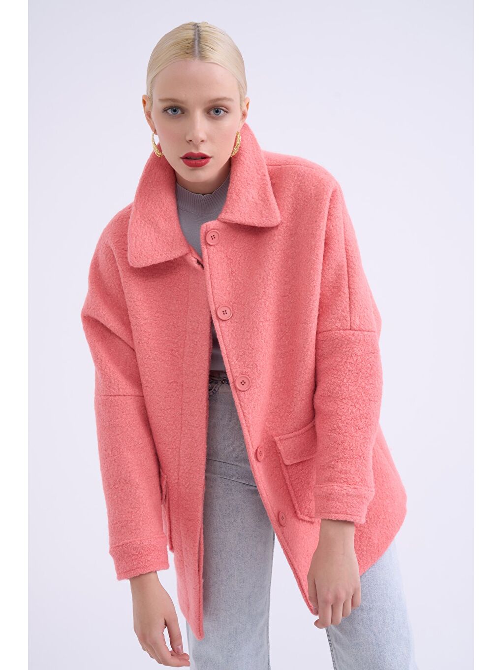 Pembe Cep Detaylı Buklet Kaban - Pudra-1