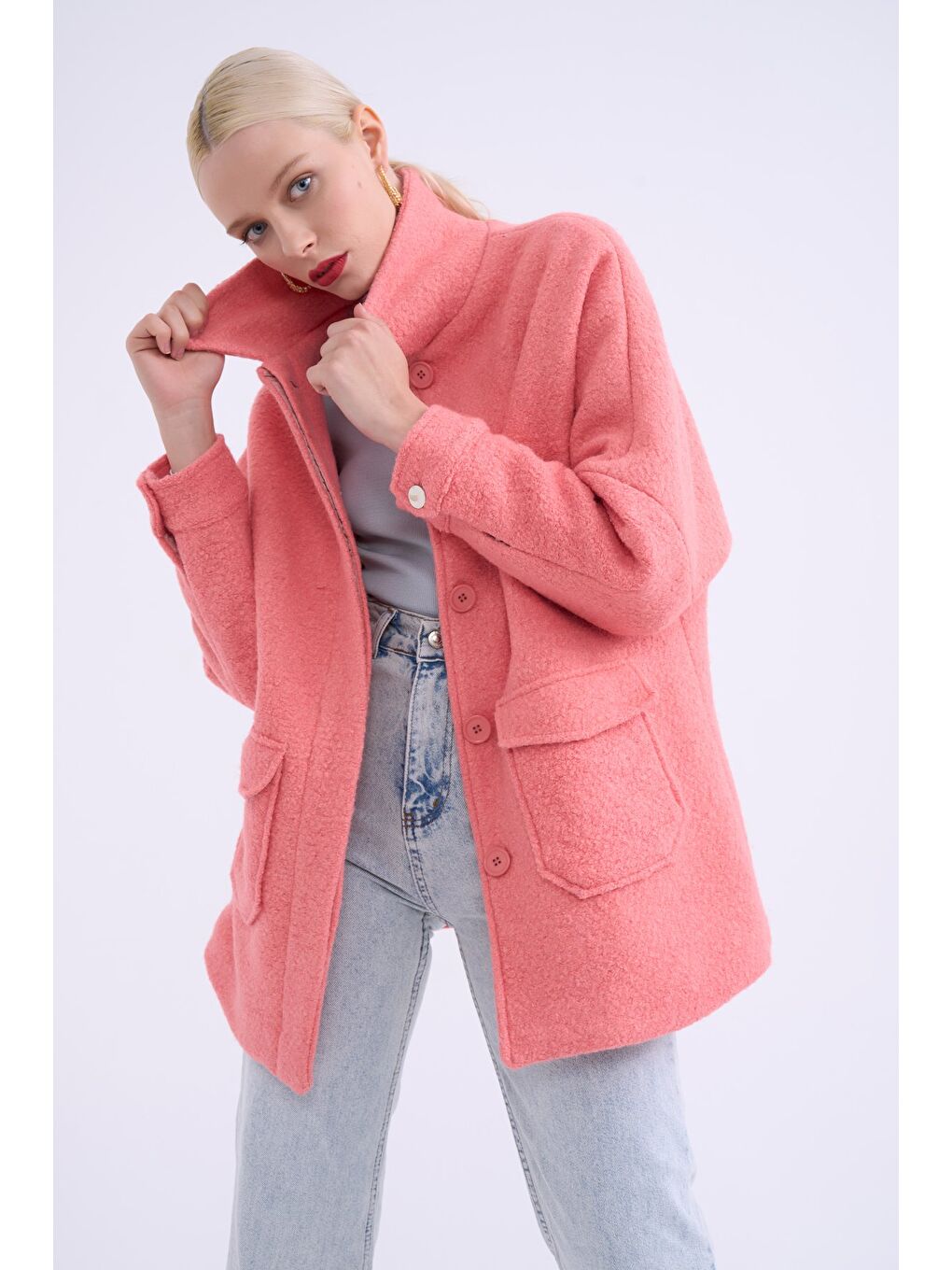 Pembe Cep Detaylı Buklet Kaban - Pudra-2