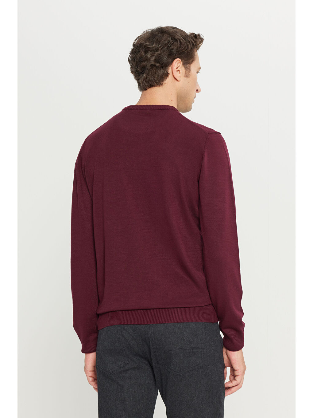 Erkek Bordo Anti-Pilling Tüylenme Yapmayan Standart Fit Normal Kesim Bisiklet Yaka Triko Kazak-4