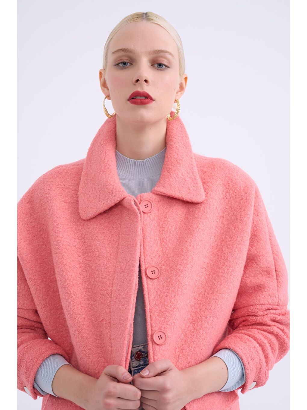 Pembe Cep Detaylı Buklet Kaban - Pudra-5