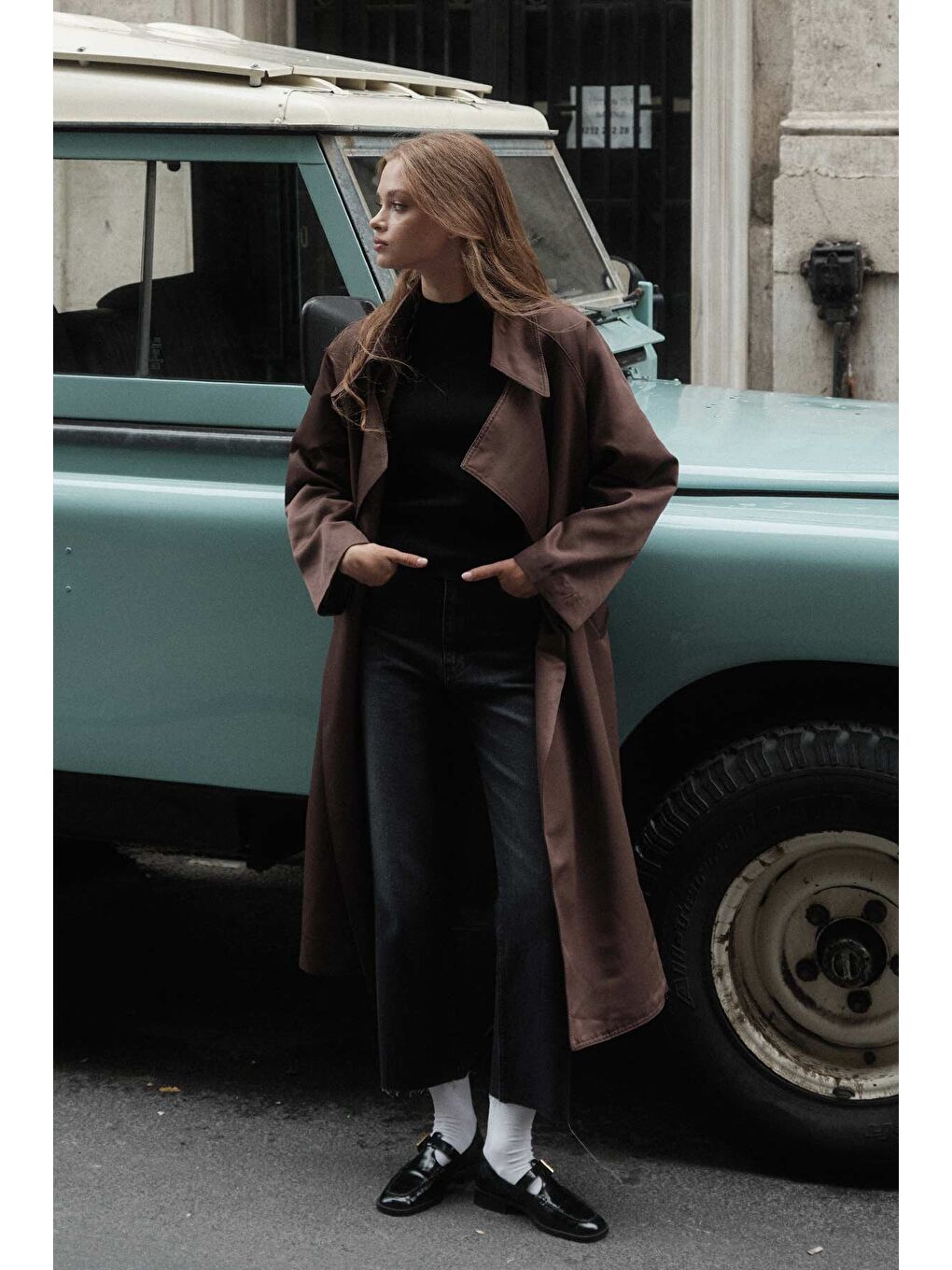 Kahverengi Geniş Yaka Kahve Trençkot