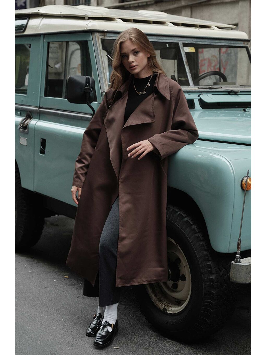 Kahverengi Geniş Yaka Kahve Trençkot-1