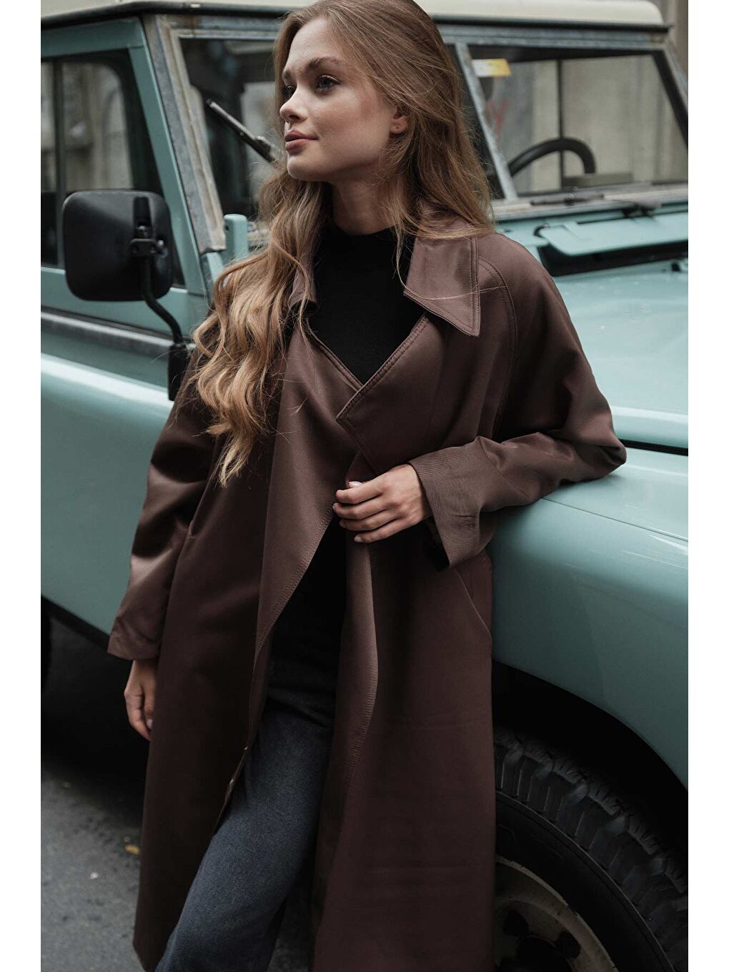 Kahverengi Geniş Yaka Kahve Trençkot-2