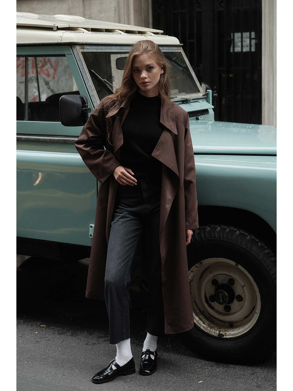 Kahverengi Geniş Yaka Kahve Trençkot-3