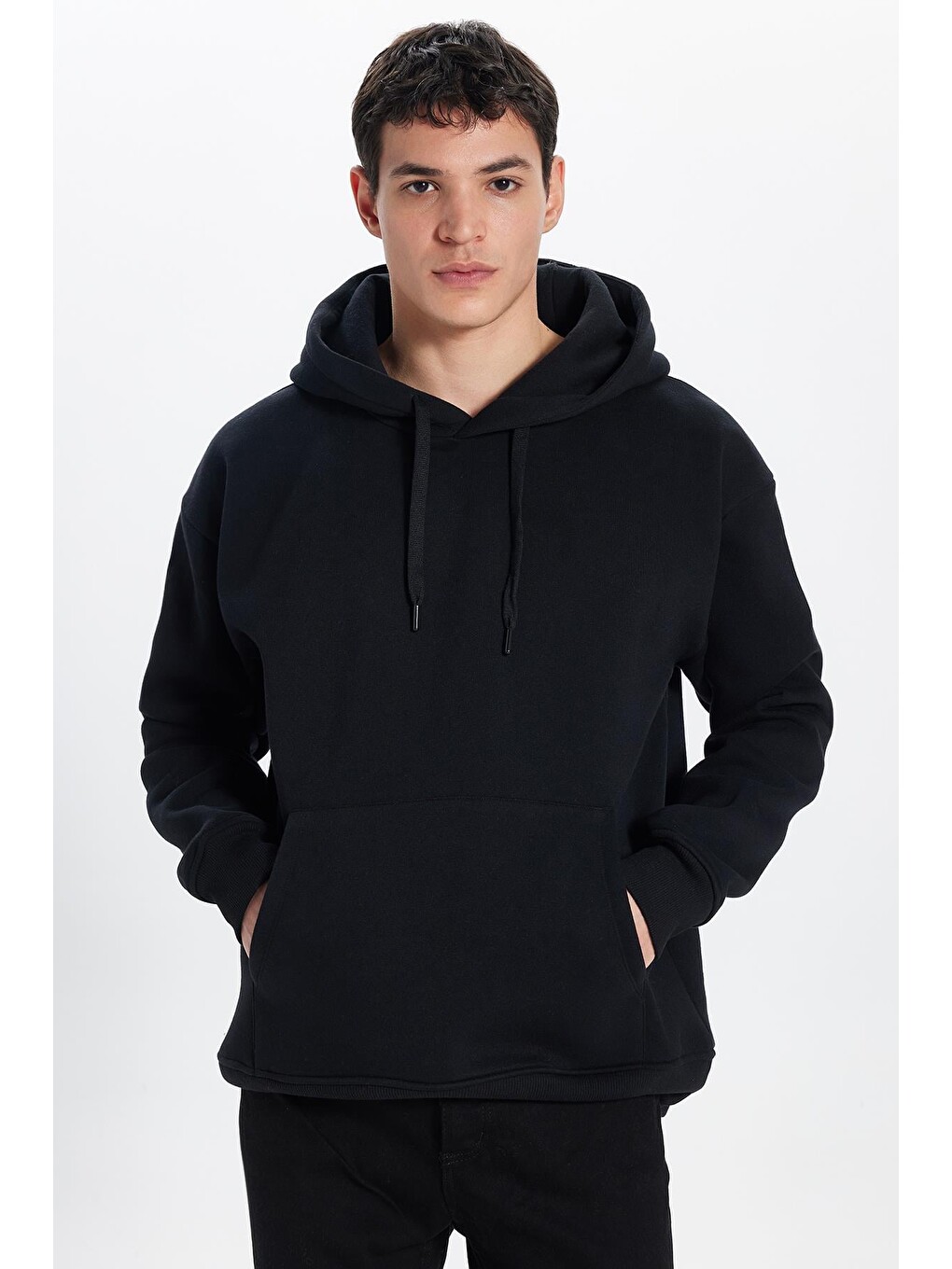 Unisex Oversize Geniş Kesim Pamuklu Yumuşak Dokulu İçi Polarlı Basic Siyah Kapüşonlu Sweatshirt-1