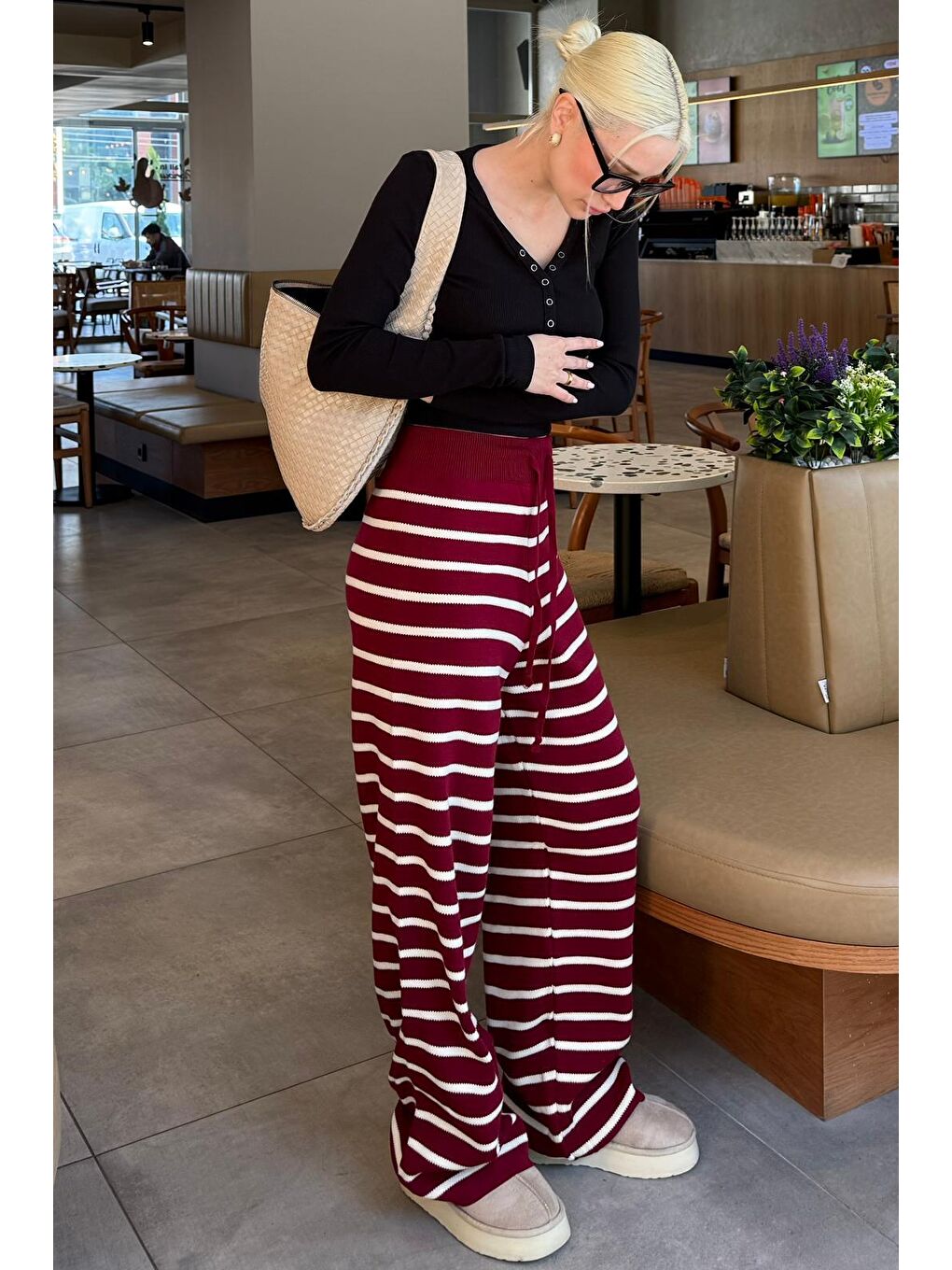 Bordo Çizgili Kadın Triko Pantolon Mg2342-5