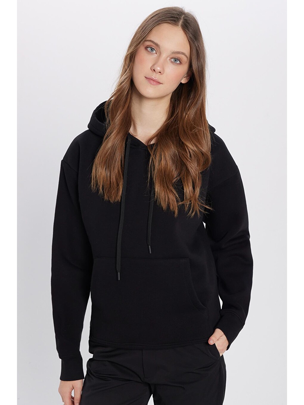 Unisex Oversize Geniş Kesim Pamuklu Yumuşak Dokulu İçi Polarlı Basic Siyah Kapüşonlu Sweatshirt-2