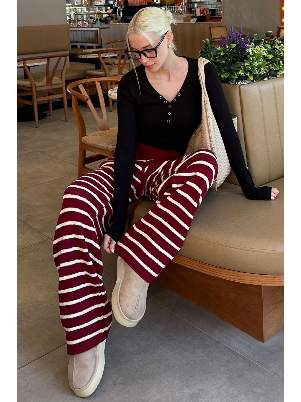 Bordo Çizgili Kadın Triko Pantolon Mg2342-6