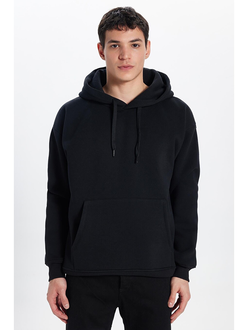 Unisex Oversize Geniş Kesim Pamuklu Yumuşak Dokulu İçi Polarlı Basic Siyah Kapüşonlu Sweatshirt-4