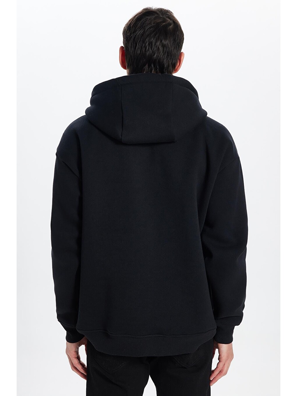 Unisex Oversize Geniş Kesim Pamuklu Yumuşak Dokulu İçi Polarlı Basic Siyah Kapüşonlu Sweatshirt-5
