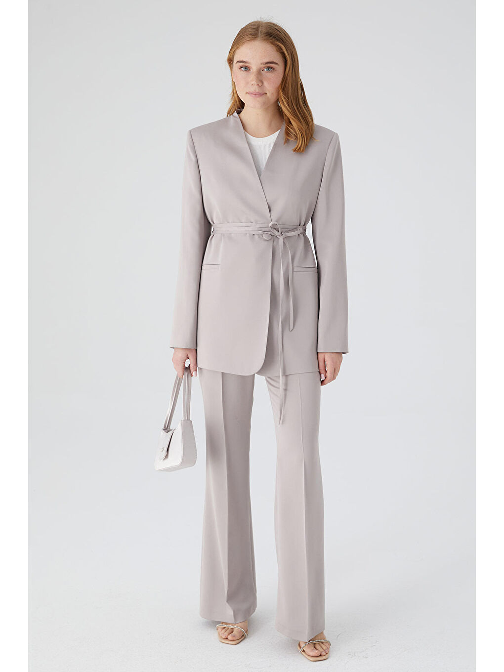 Bej Saten İspanyol Paça Pantolon Taş