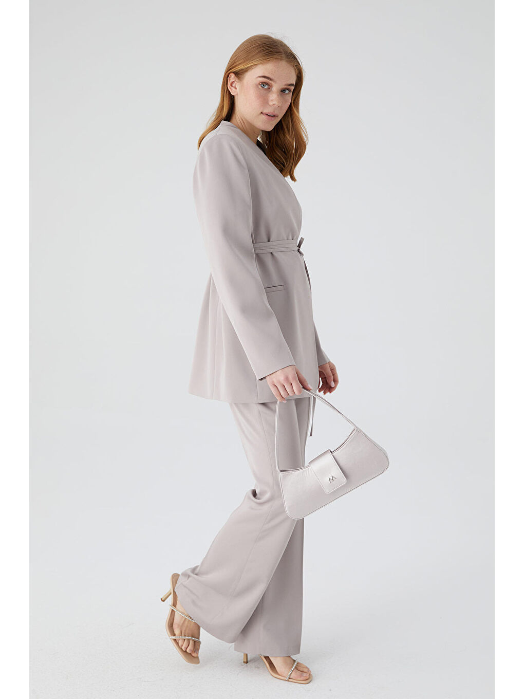 Bej Saten İspanyol Paça Pantolon Taş-1