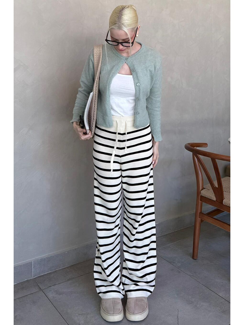 Ekru Çizgili Kadın Triko Pantolon Mg2342-7