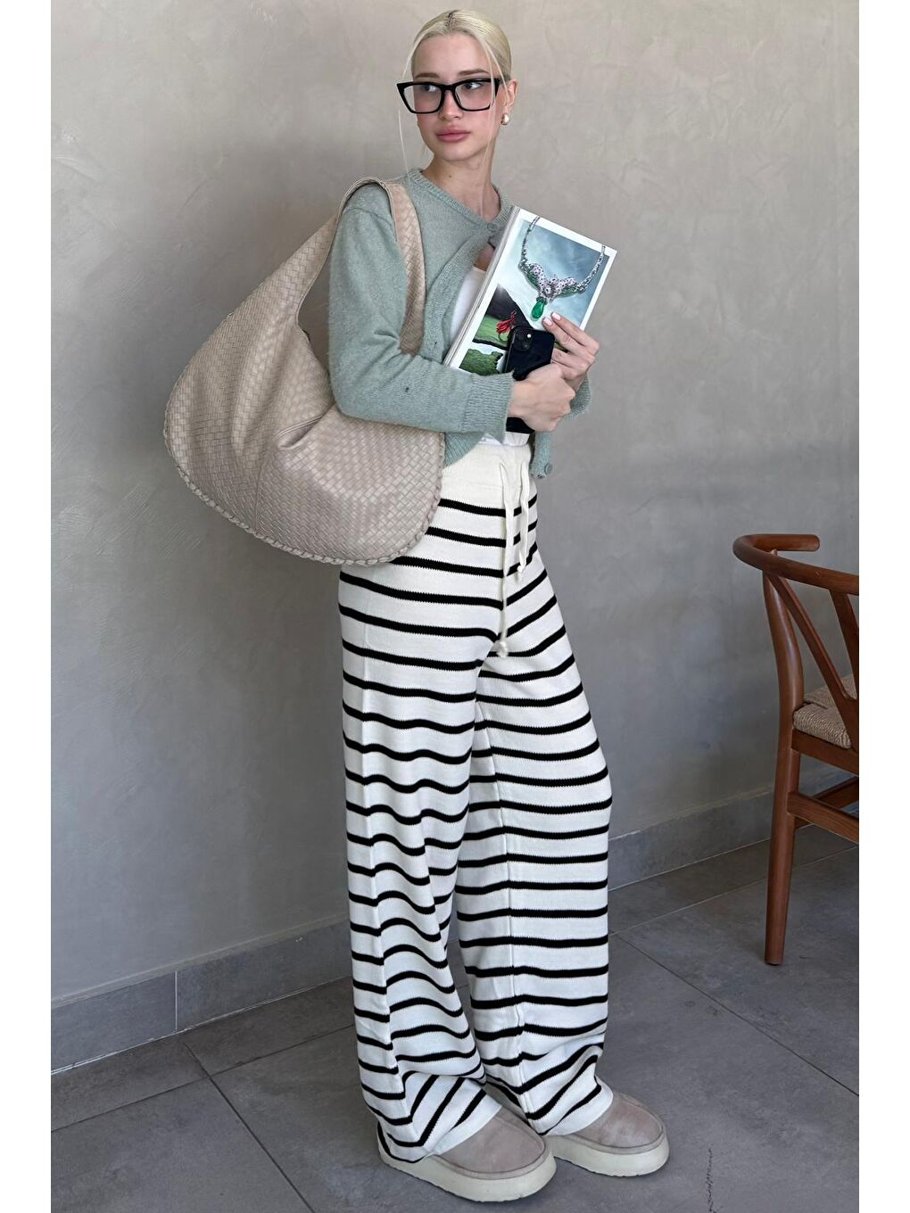 Ekru Çizgili Kadın Triko Pantolon Mg2342-8