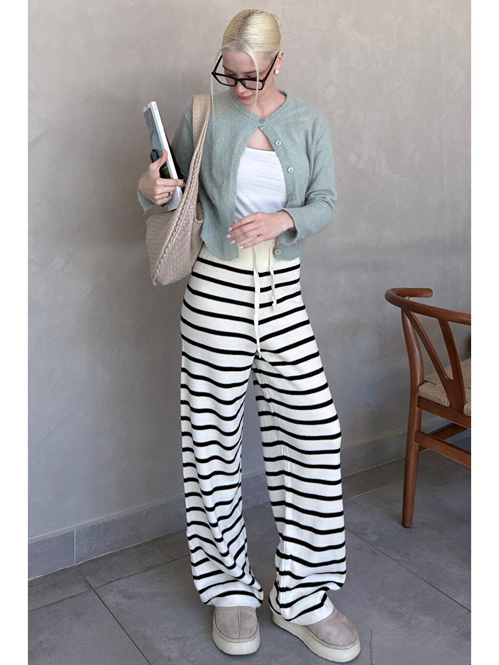 Ekru Çizgili Kadın Triko Pantolon Mg2342-9