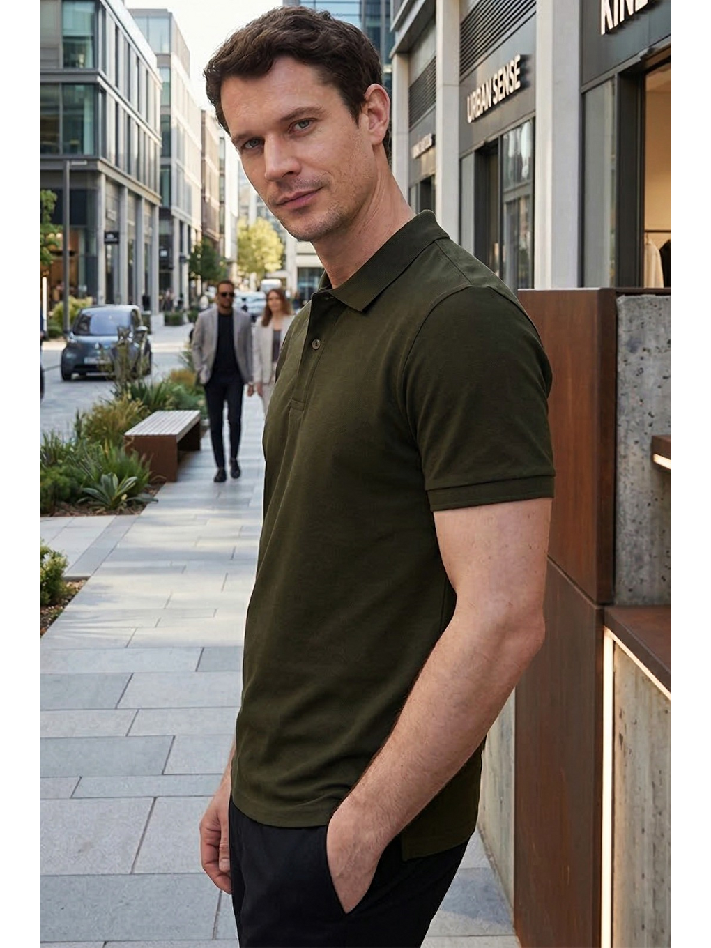 Erkek Slim Fit Dar Kesim %100 Pamuk Kısa Kollu Polo Yaka Haki Tişört