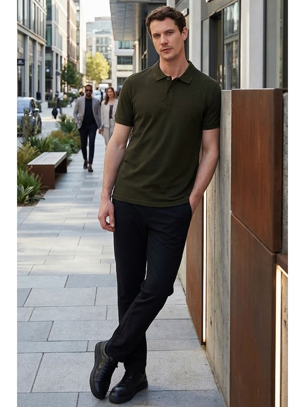 Erkek Slim Fit Dar Kesim %100 Pamuk Kısa Kollu Polo Yaka Haki Tişört-1