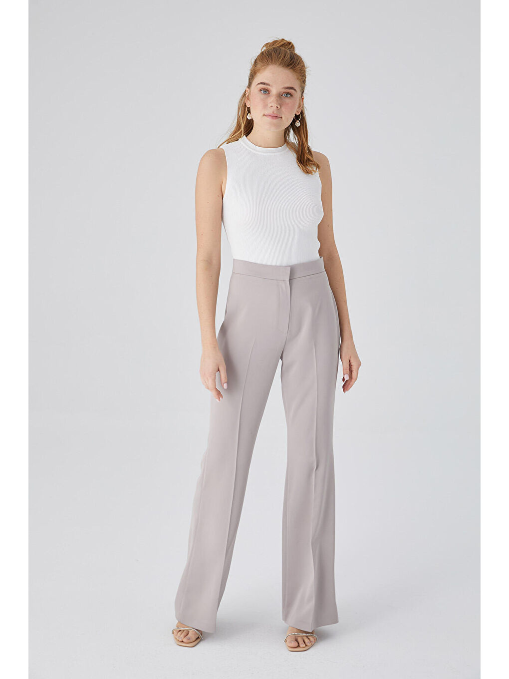 Bej Saten İspanyol Paça Pantolon Taş-4