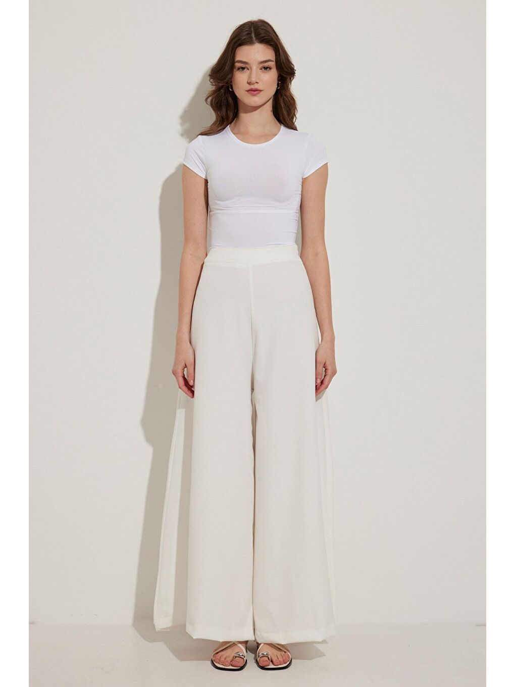 Dökümlü İspanyol Pantolon - Ekru-1