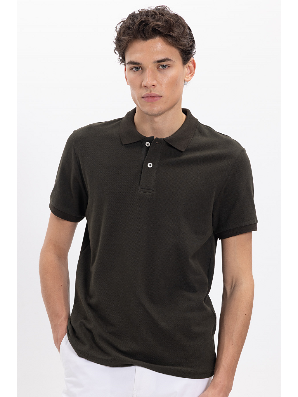 Erkek Slim Fit Dar Kesim %100 Pamuk Kısa Kollu Polo Yaka Haki Tişört-2