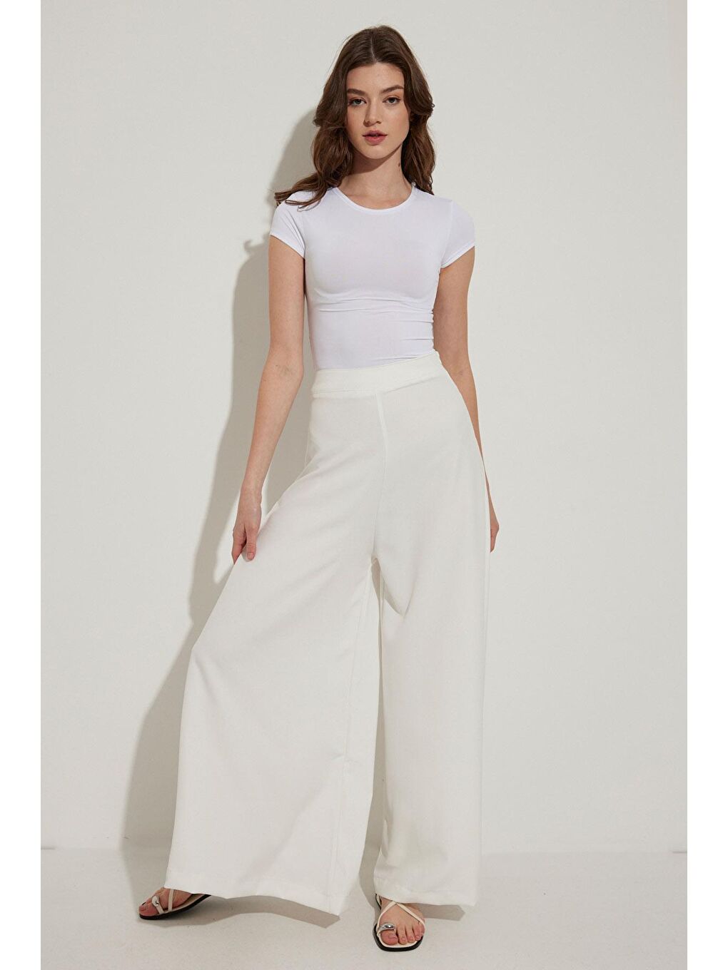 Dökümlü İspanyol Pantolon - Ekru-2