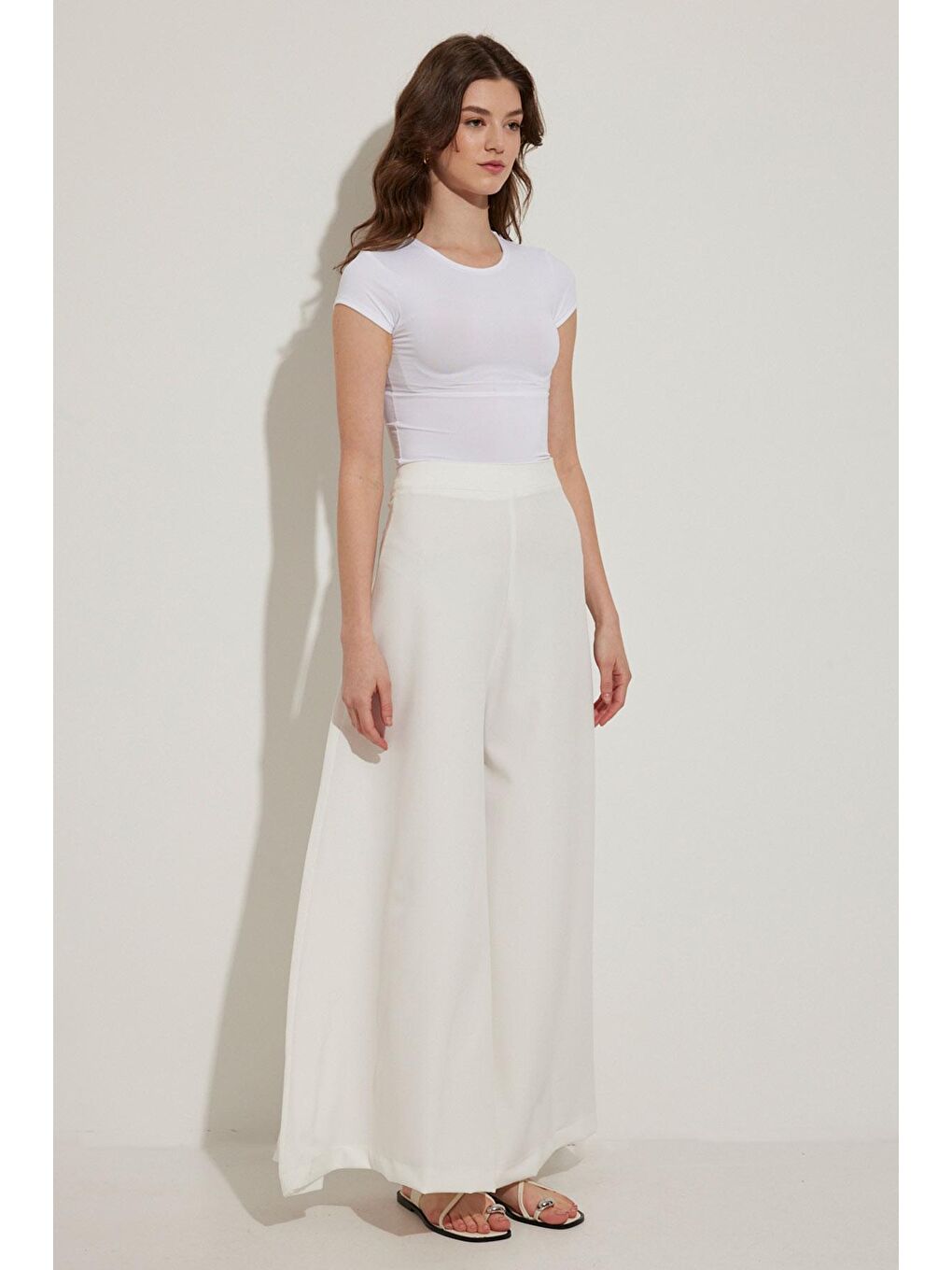 Dökümlü İspanyol Pantolon - Ekru-3