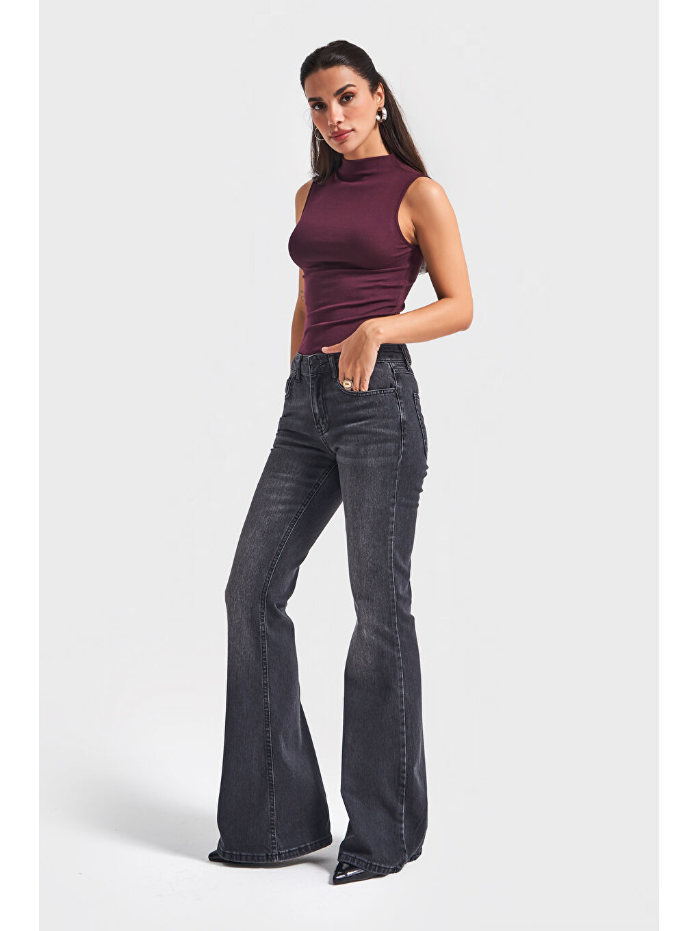 Gri Kadın Füme Renk 2w5-1 Midrise Flare Fit İç Boy 83cm Esnek Kumaş Denim Jean-4