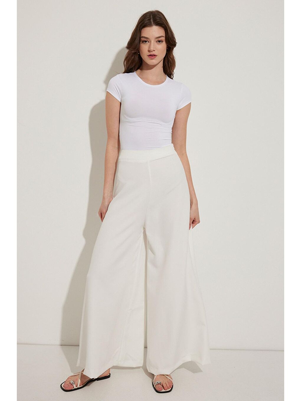 Dökümlü İspanyol Pantolon - Ekru-4