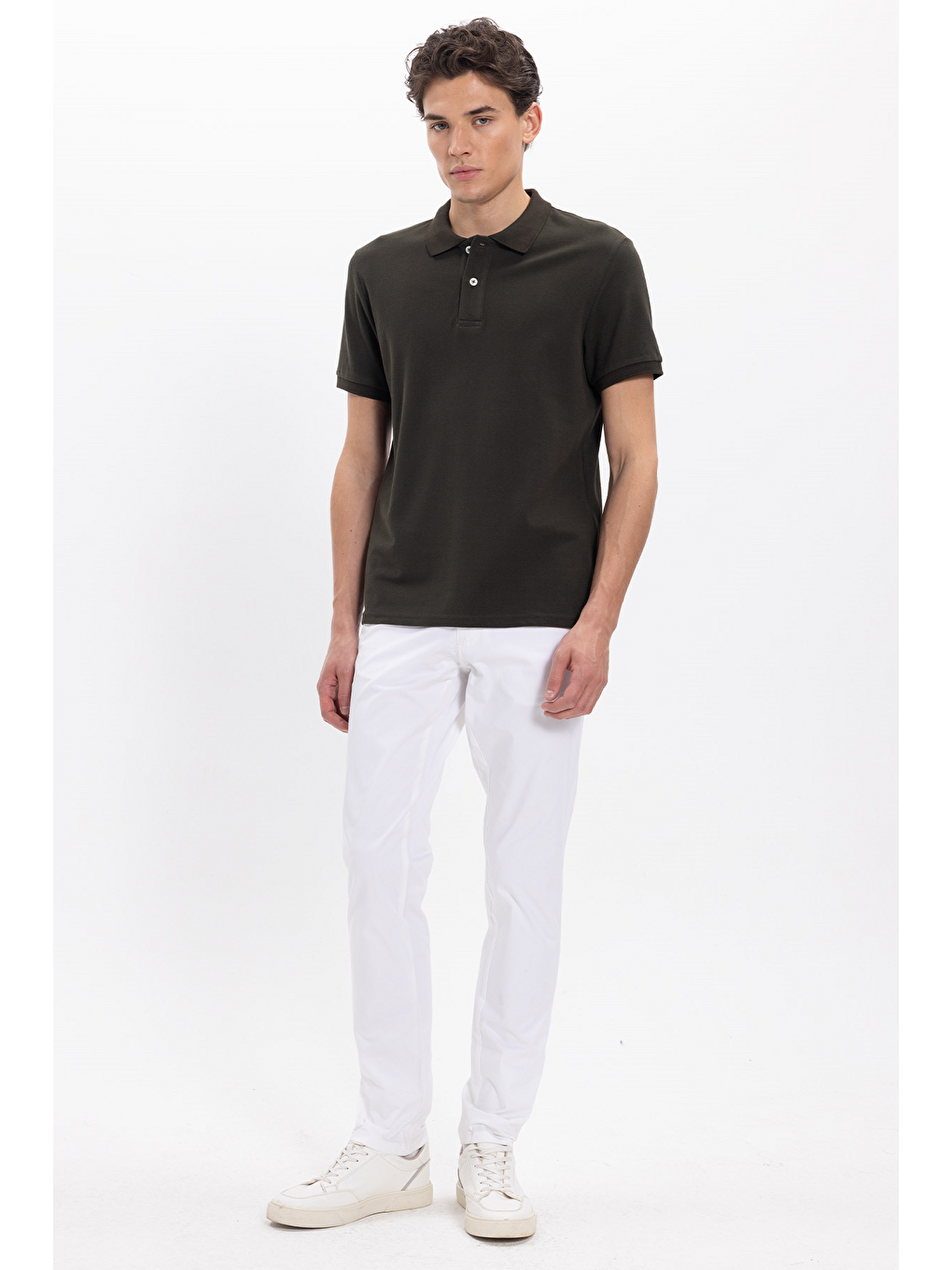 Erkek Slim Fit Dar Kesim %100 Pamuk Kısa Kollu Polo Yaka Haki Tişört-3