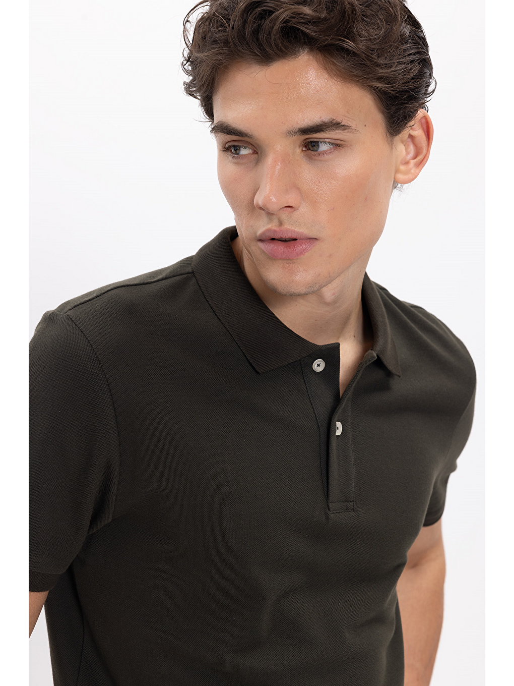 Erkek Slim Fit Dar Kesim %100 Pamuk Kısa Kollu Polo Yaka Haki Tişört-4