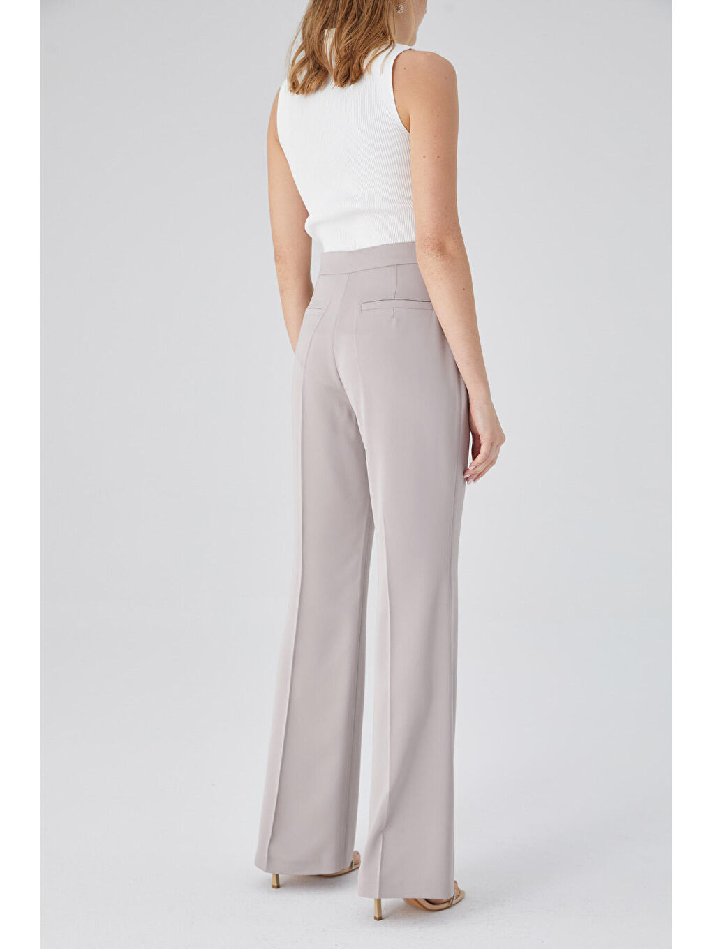 Bej Saten İspanyol Paça Pantolon Taş-7