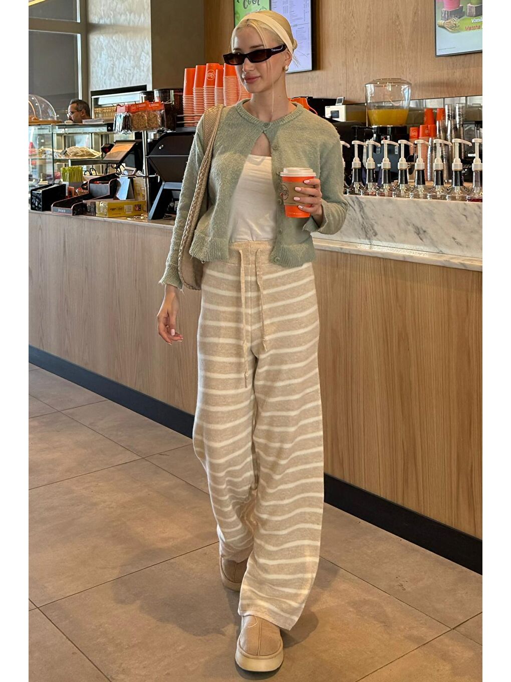 Bej Çizgili Kadın Triko Pantolon Mg2342-5