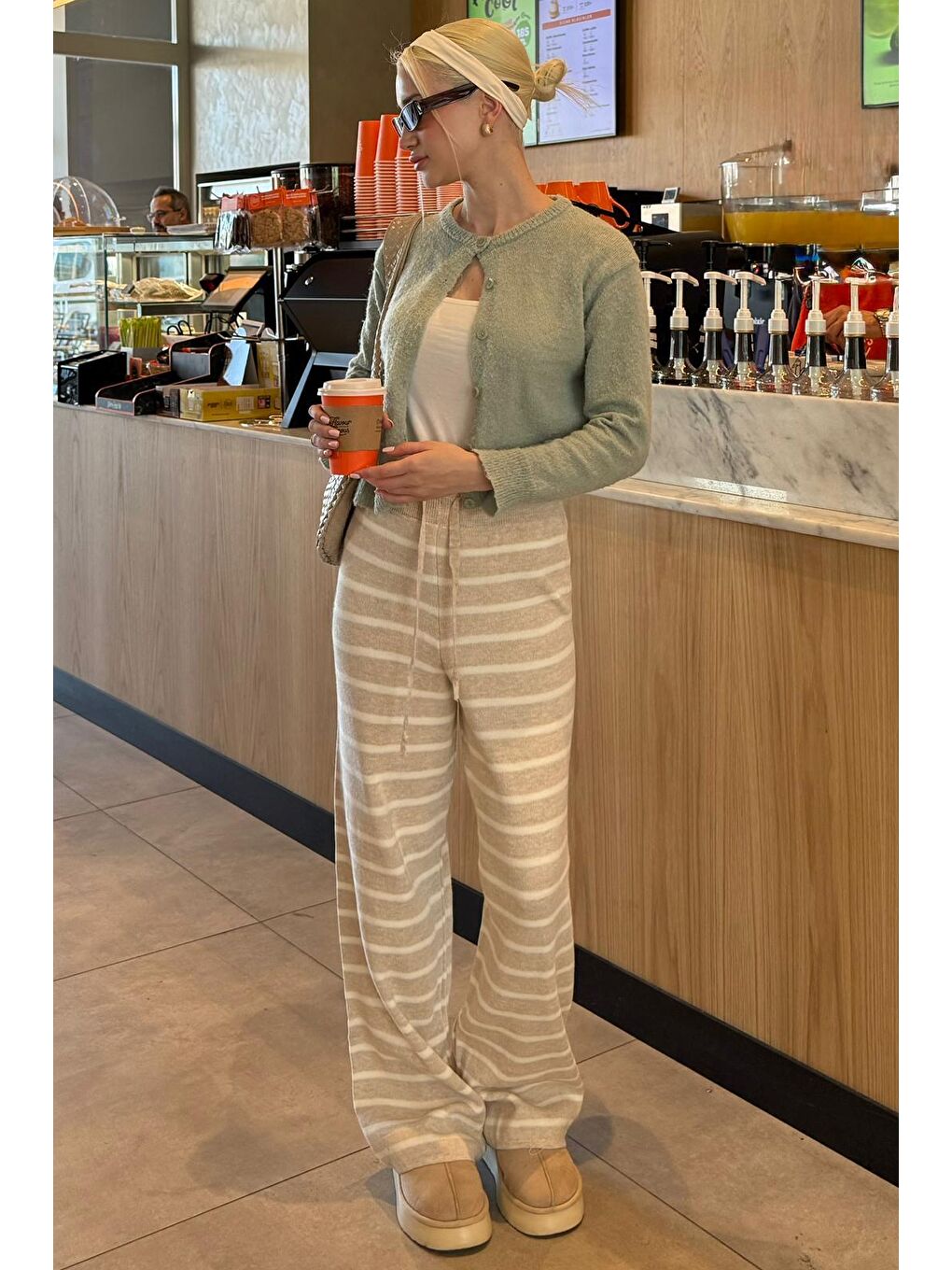 Bej Çizgili Kadın Triko Pantolon Mg2342-6