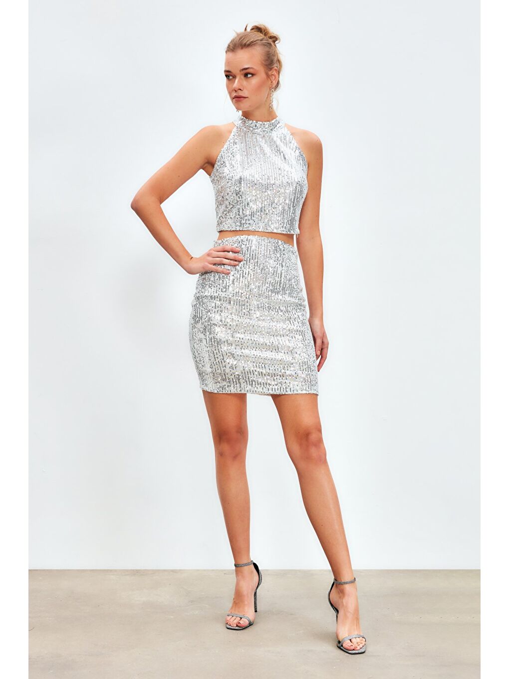 Gri Payetli Mini Etek - Gümüş