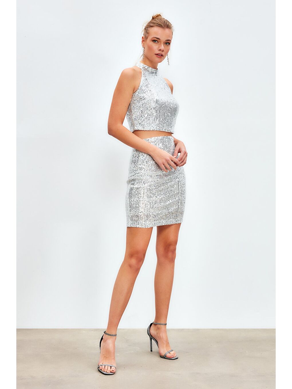 Gri Payetli Mini Etek - Gümüş-1