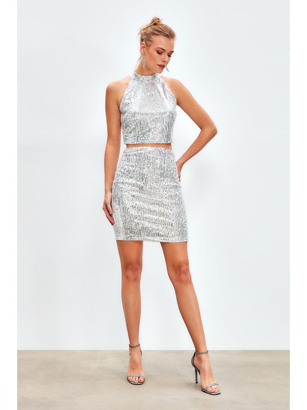 Gri Payetli Mini Etek - Gümüş-2