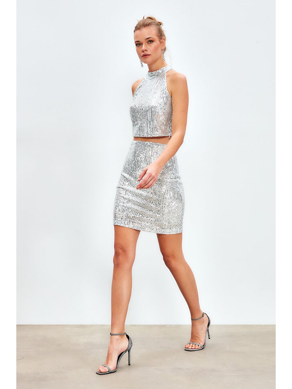 Gri Payetli Mini Etek - Gümüş-3