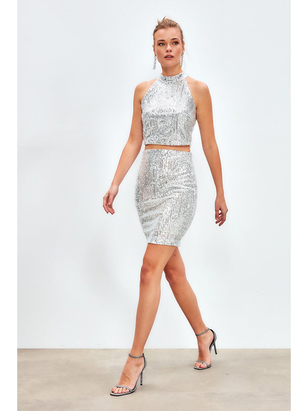 Gri Payetli Mini Etek - Gümüş-4