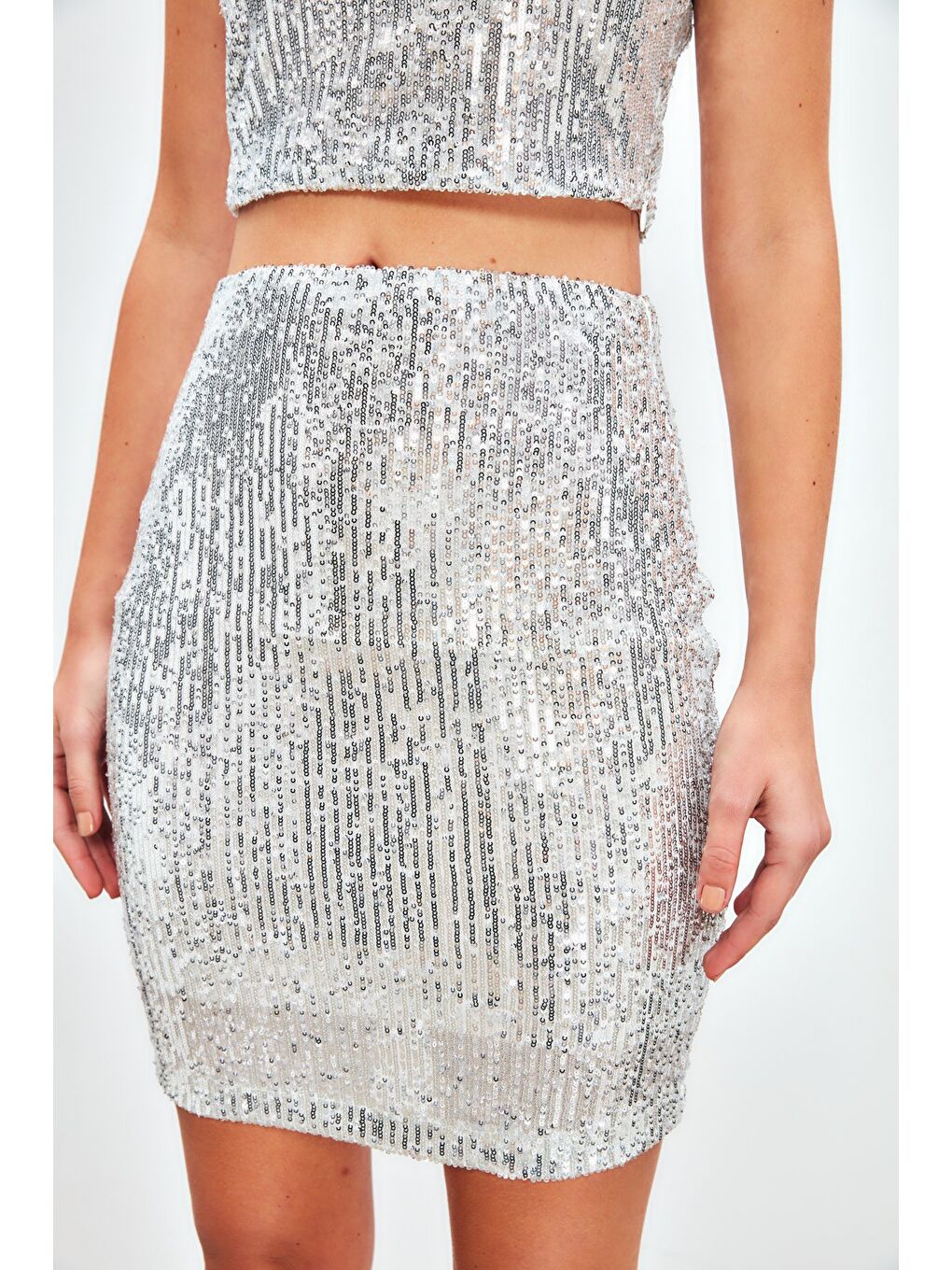 Gri Payetli Mini Etek - Gümüş-5