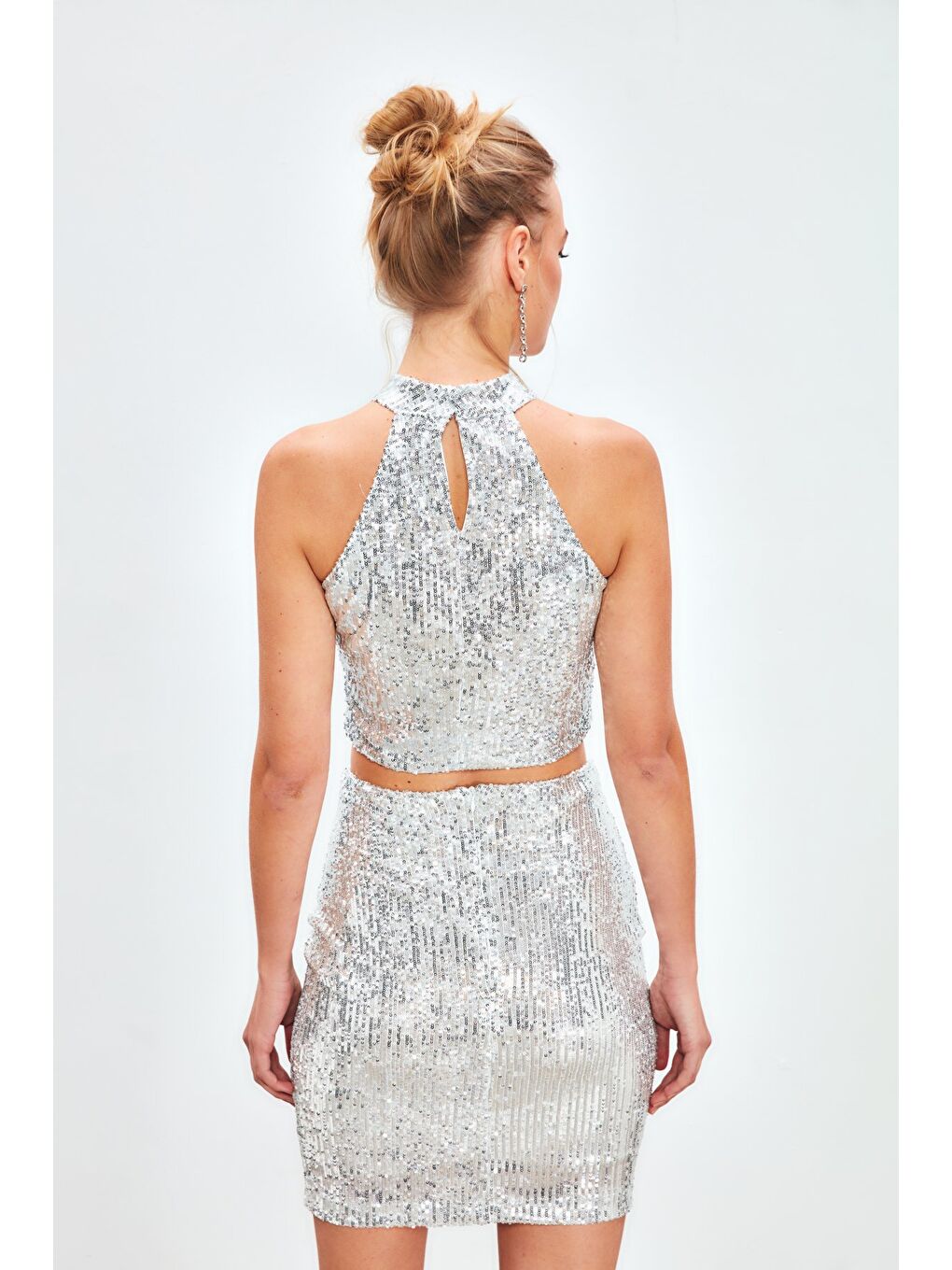 Gri Payetli Mini Etek - Gümüş-6