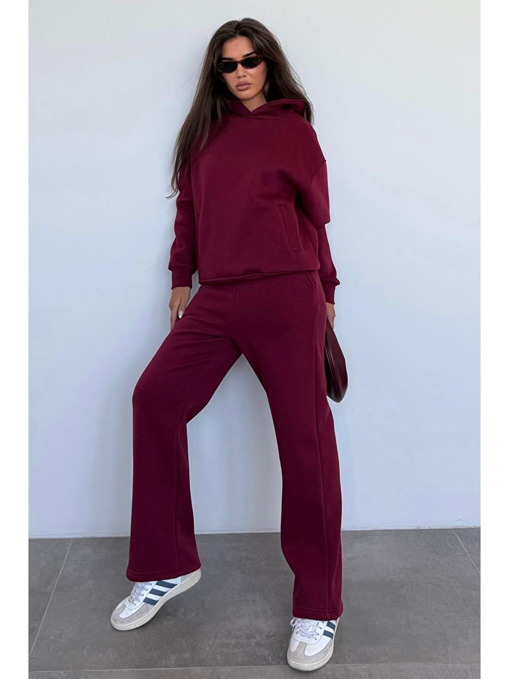 Bordo Kapüşonlu Triko Kadın Eşofman Takımı Mg2533-6