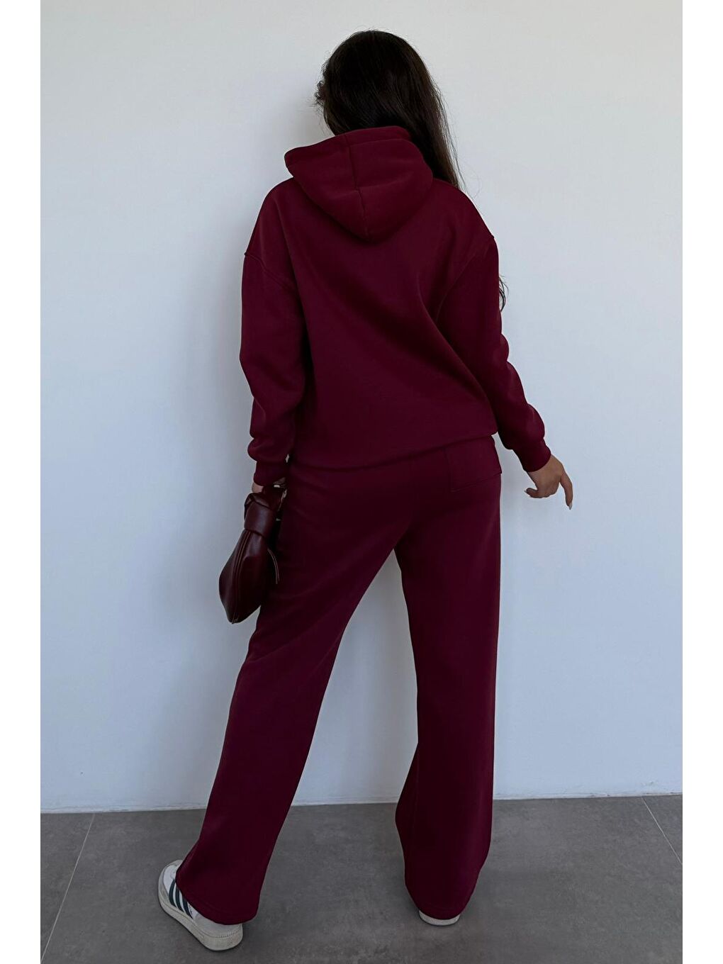 Bordo Kapüşonlu Triko Kadın Eşofman Takımı Mg2533-7