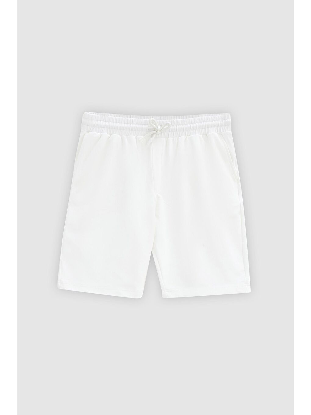 Slim Fit Ekru Beli Lastikli Kordon Detaylı Rahat Pamuklu Örme Şort-4