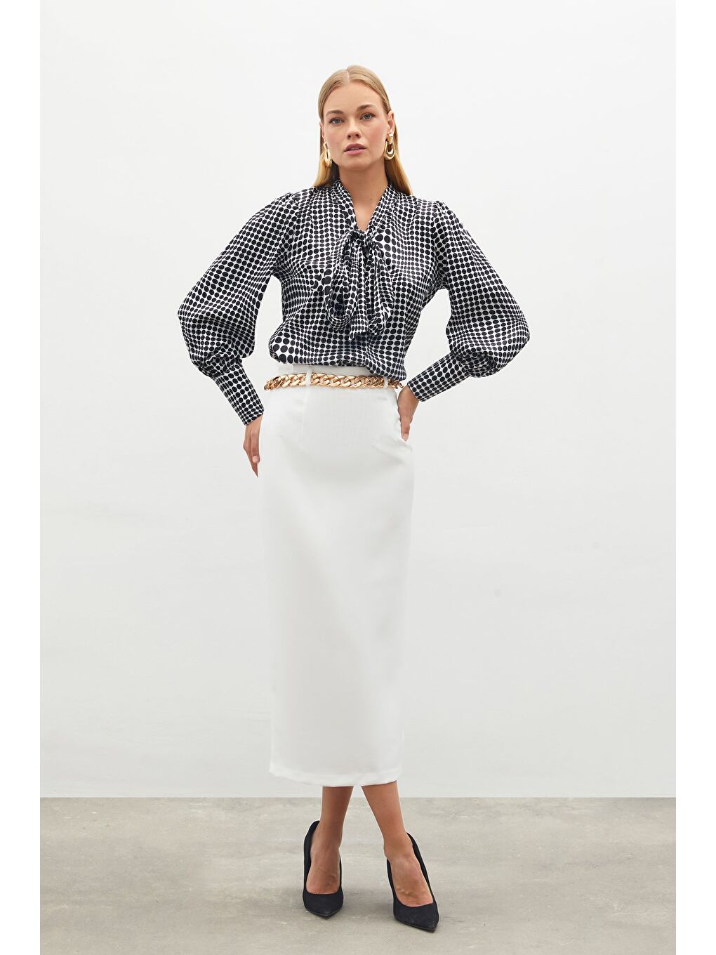 Zincir Kemerli Kalem Etek - Ekru