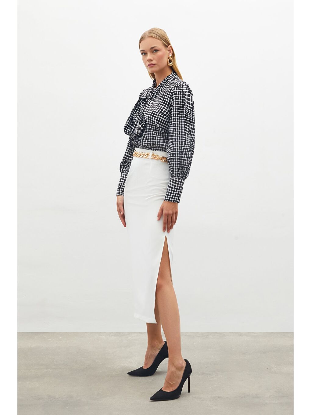 Zincir Kemerli Kalem Etek - Ekru-4