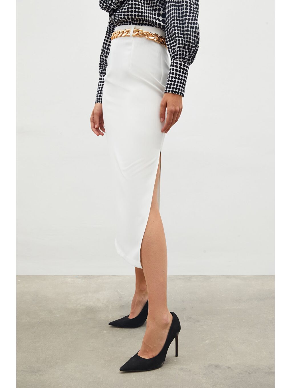 Zincir Kemerli Kalem Etek - Ekru-5